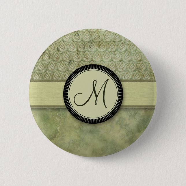 Moss Green Feather Pattern with Monogram Pinback Button (Front)