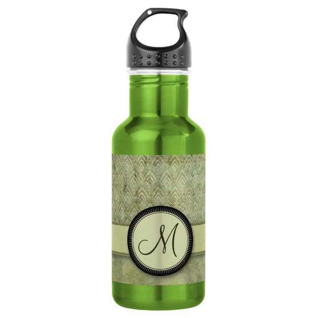 Moss Green Feather Pattern with Monogram Stainless Steel Water Bottle (Front)