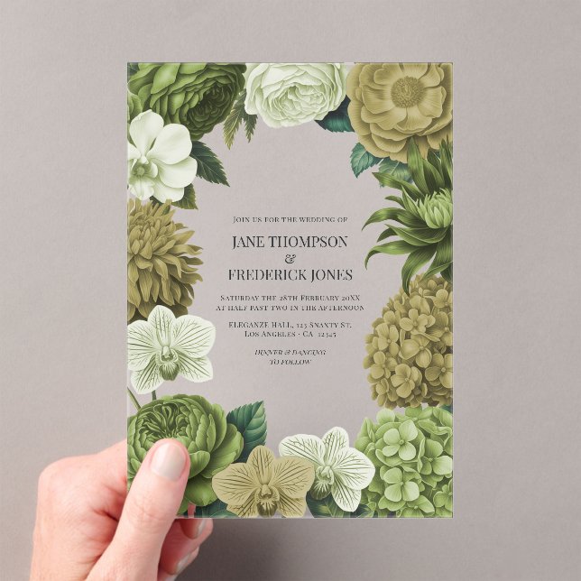 Moss Green, Fern Mist & Pale Pistachio Wedding Acrylic Invitations (Insitu (Handheld))