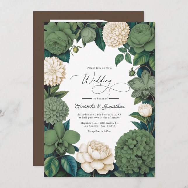 Moss Green, Fern Soft & Antique Cream Wedding Invitation (Front/Back)