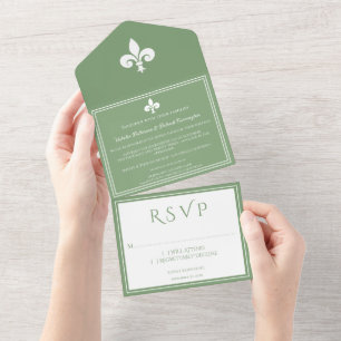 Moss Green Fleur de Lis All in One Wedding Invite