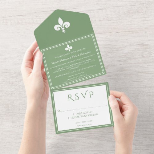 Moss Green Fleur de Lis All in One Wedding Invite