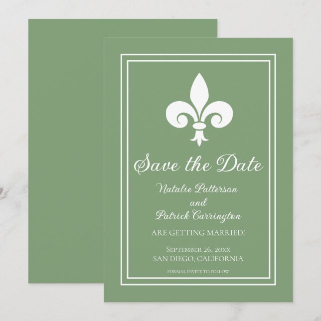 Moss Green Fleur de Lis Save the Date Invite (Front/Back)