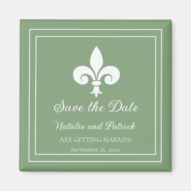 Moss Green Fleur de Lis Save the Date Magnet (Front)