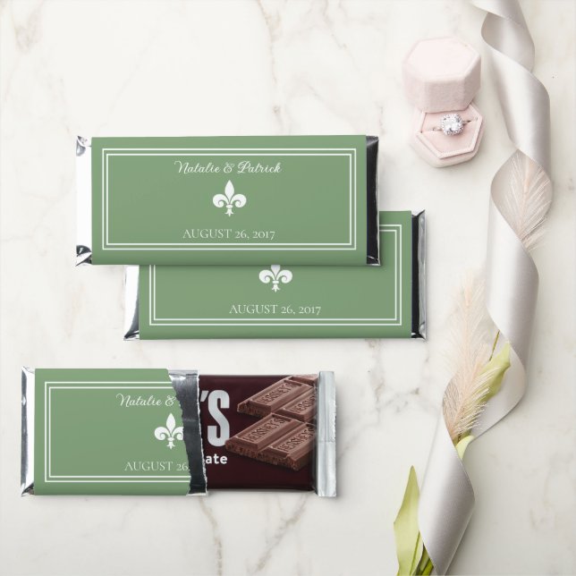 Moss Green Fleur de Lis Wedding Hershey Bar Favors (Front)