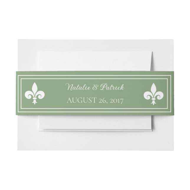 Moss Green Fleur de Lis Wedding Invitation Belly Band (Front Example)