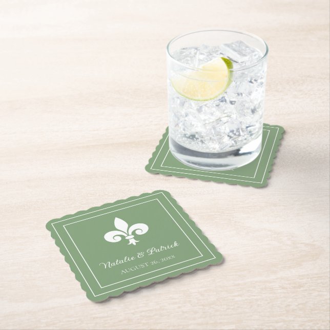 Moss Green Fleur de Lis Wedding Paper Coasters (Insitu)