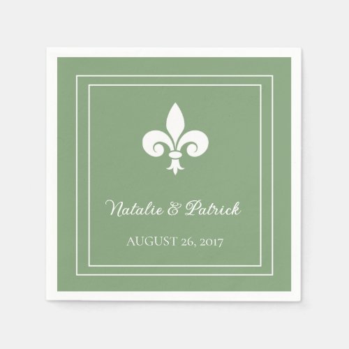 Moss Green Fleur de Lis Wedding Paper Napkins