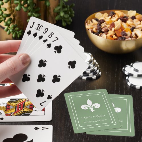 Moss Green Fleur de Lis Wedding Playing Cards