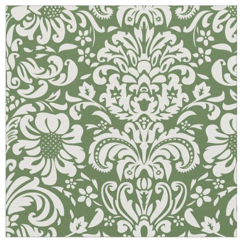 Moss Green Floral Damask Fabric