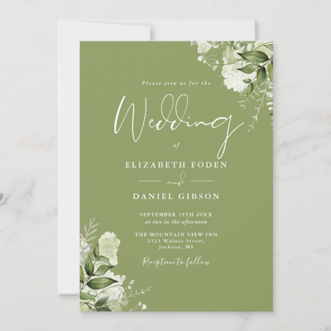 Moss Green Floral Greenery QR Code Wedding Invitation (Front)