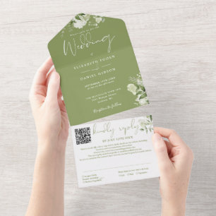 Moss Green Floral Monogram QR Code Wedding All In One Invitation