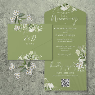 Moss Green Floral QR Code Monogram Wedding All In One Invitation