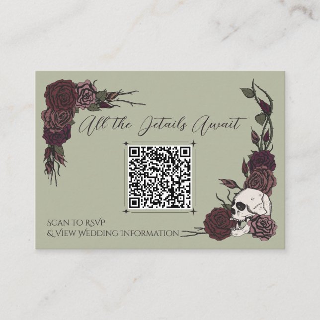 Moss Green Floral Skull & Ink QR Card (Front)