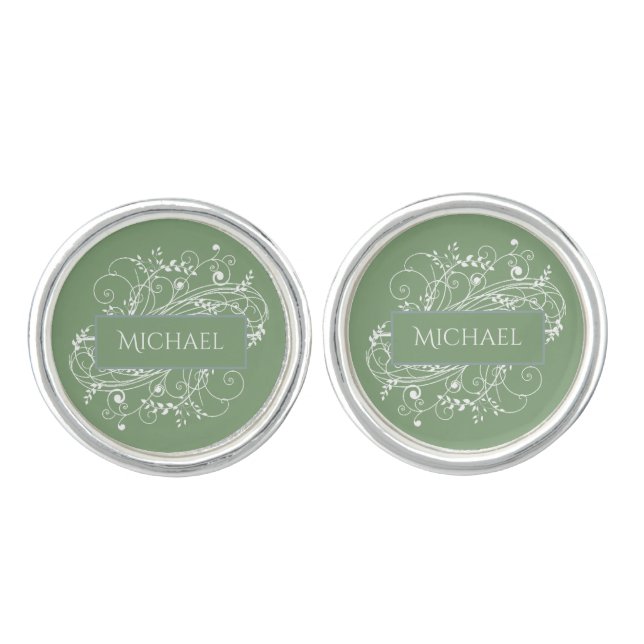Moss Green Flourish Cuff Links (Front)