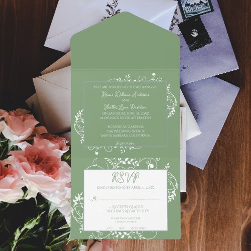 Moss Green Flourish Wedding All In One Invitation