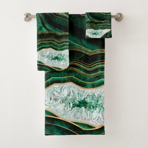 Moss Green Geode and Crystals Digital Art Bath Towel Set