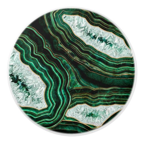 Moss Green Geode and Crystals Digital Art Ceramic Knob