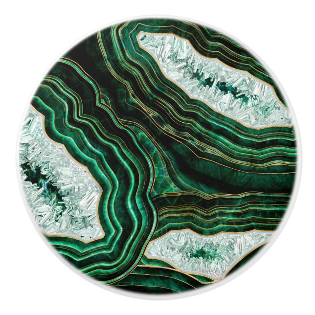 Moss Green Geode and Crystals Digital Art Ceramic Knob (Front)