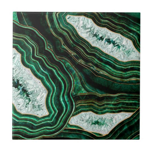Moss Green Geode and Crystals Digital Art Ceramic Tile