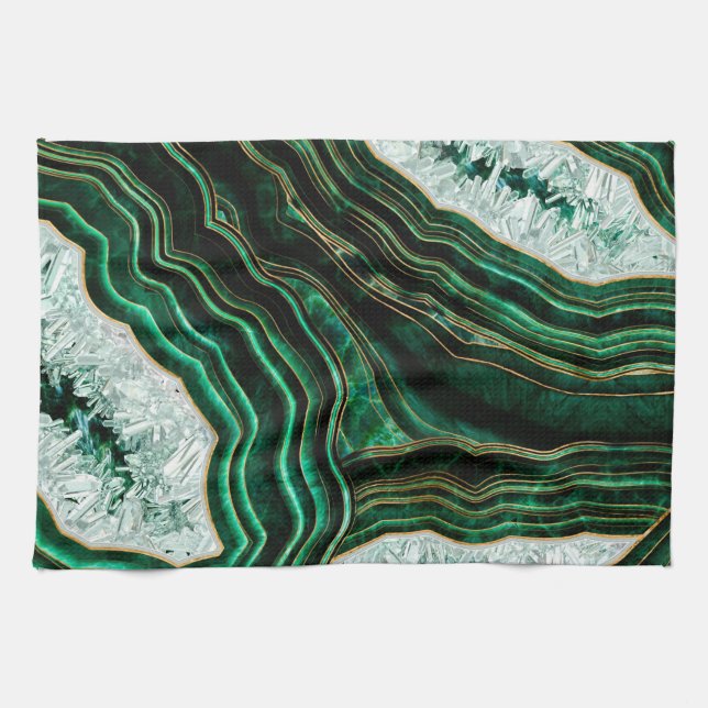 Moss Green Geode and Crystals Digital Art Kitchen Towel (Horizontal)