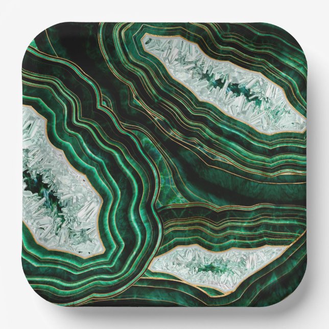 Moss Green Geode and Crystals Digital Art Paper Plates (Front)