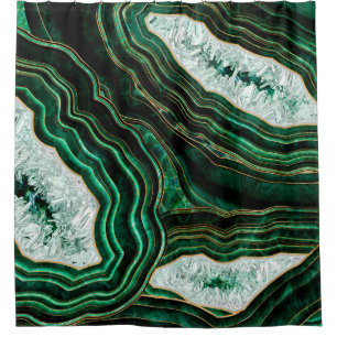 Moss Green Geode and Crystals Digital Art Shower Curtain