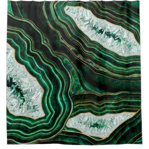 Moss Green Geode and Crystals Digital Art Shower Curtain