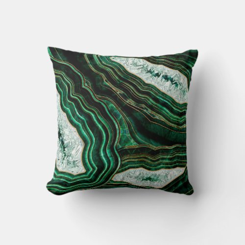 Moss Green Geode and Crystals Digital Art Throw Pillow