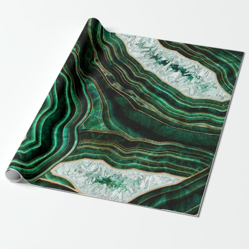 Moss Green Geode and Crystals Digital Art Wrapping Paper