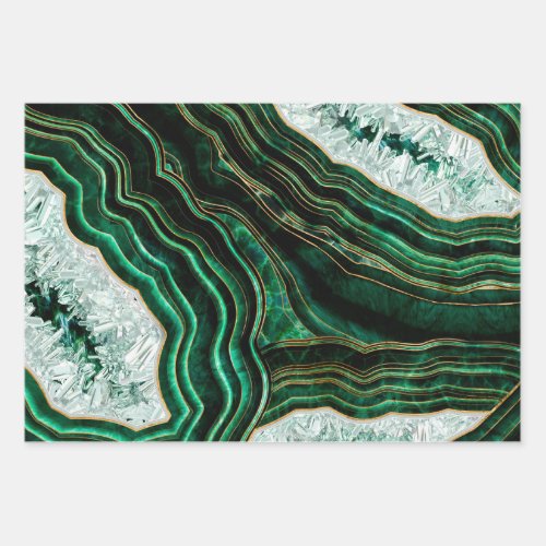 Moss Green Geode and Crystals Digital Art Wrapping Paper Sheets