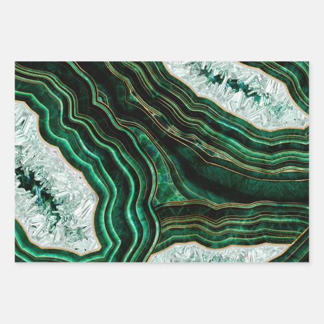 Moss Green Geode and Crystals Digital Art Wrapping Paper Sheets (Front)