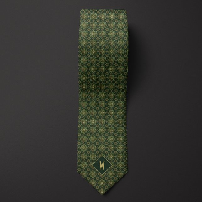 Moss Green Geometric Mandala Monogram Neck Tie (Creator Uploaded)