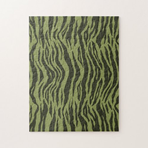 Moss Green Glamorous Tiger Stripes Animal Print Jigsaw Puzzle