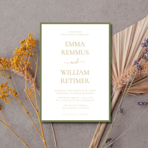 Moss Green Gold Text Old Money Black Tie Wedding Invitation