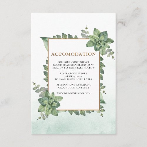 Moss Green Gold Watercolor Succulent Frame Wedding Enclosure Card