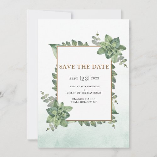 Moss Green Gold Watercolor Succulent Frame Wedding Save The Date