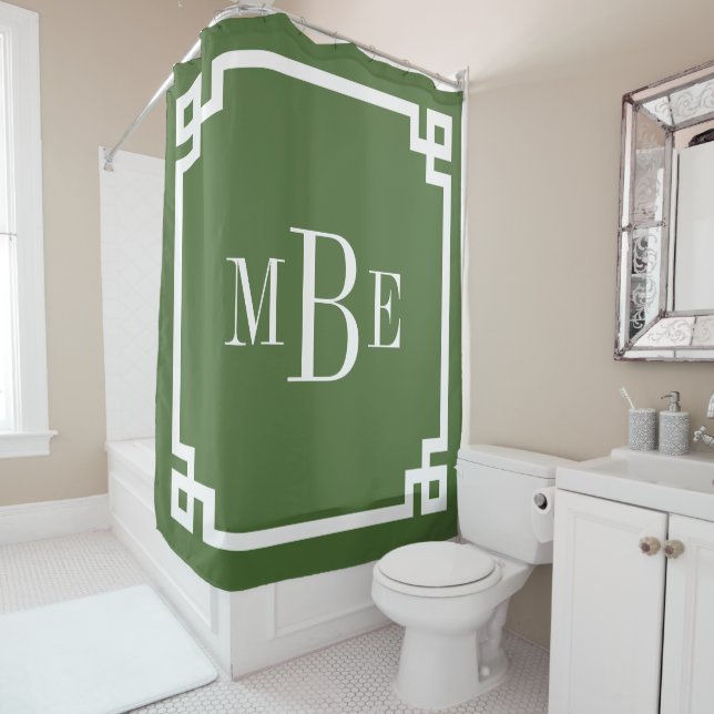Moss Green Greek Key Border Monogram Shower Curtain (In Situ)