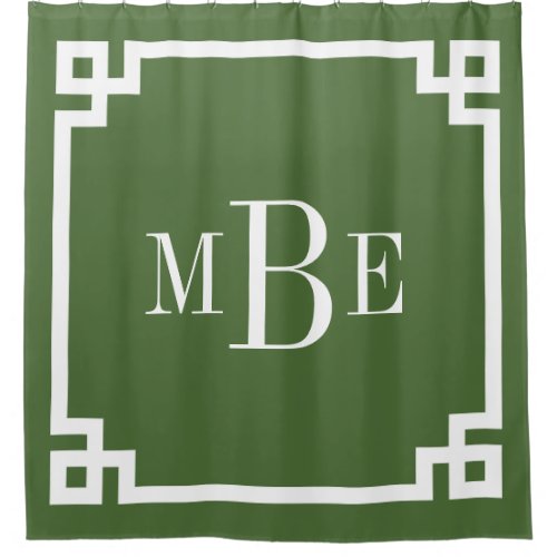 Moss Green Greek Key Border Monogram Shower Curtain