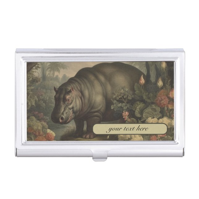 Moss Green Hippo & Wildflower Custom Monogram  Business Card Case (Front)