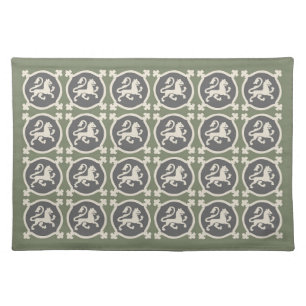 Moss-Green Lion Tiles Placemats 20" x 14"