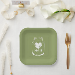 Moss green mason jar drawing wedding party plates