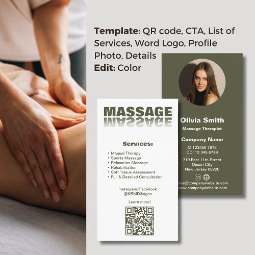 Moss Green Massage Therapist Business Card