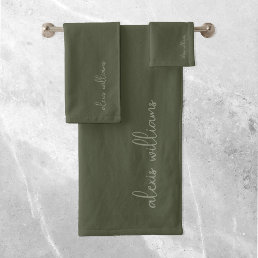 Moss Green Minimalist Script Signature Monogram Bath Towel Set