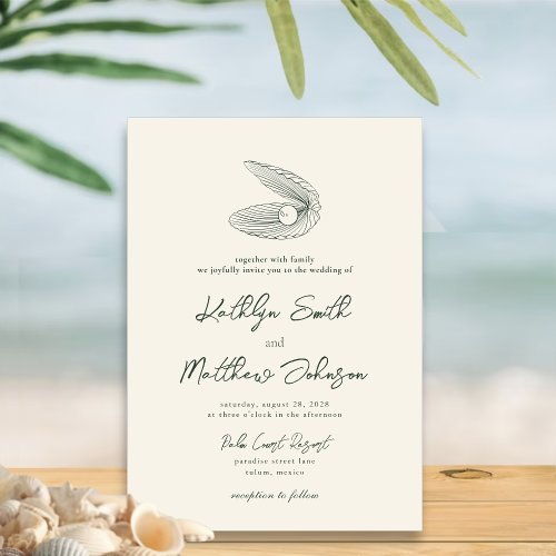 Moss Green Modern Shell Beach Destination Wedding Invitation