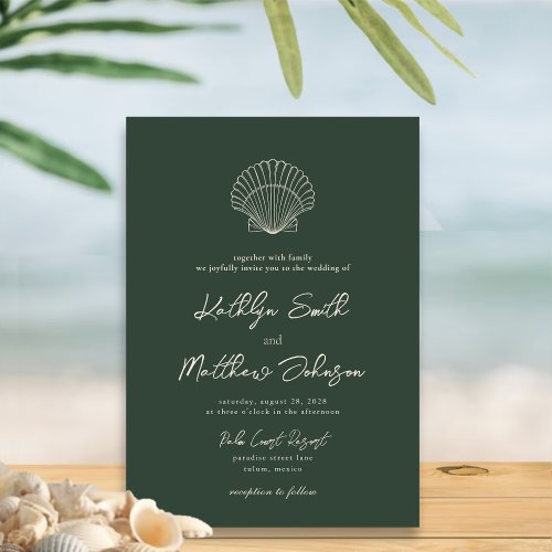 Moss Green Modern Shell Beach Destination Wedding Invitation