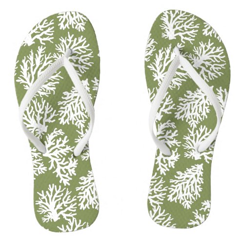 Moss Green Modern  White Beach Coral  Reefs    Flip Flops