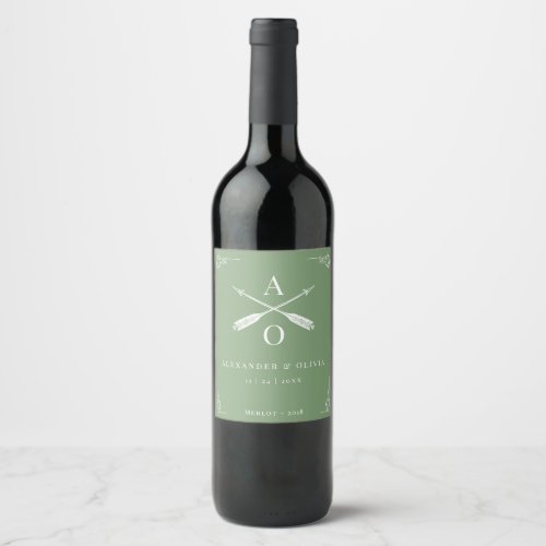 Moss Green Monogram and Arrows Wedding Wine Label