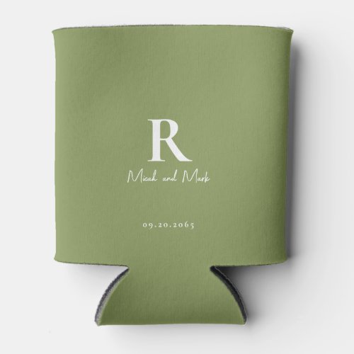 Moss Green Monogram and Couple Names Wedding Can Cooler