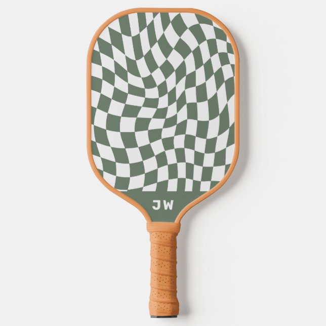 Moss Green Monogram Vintage Wavy Checkered Pickleball Paddle (Front)